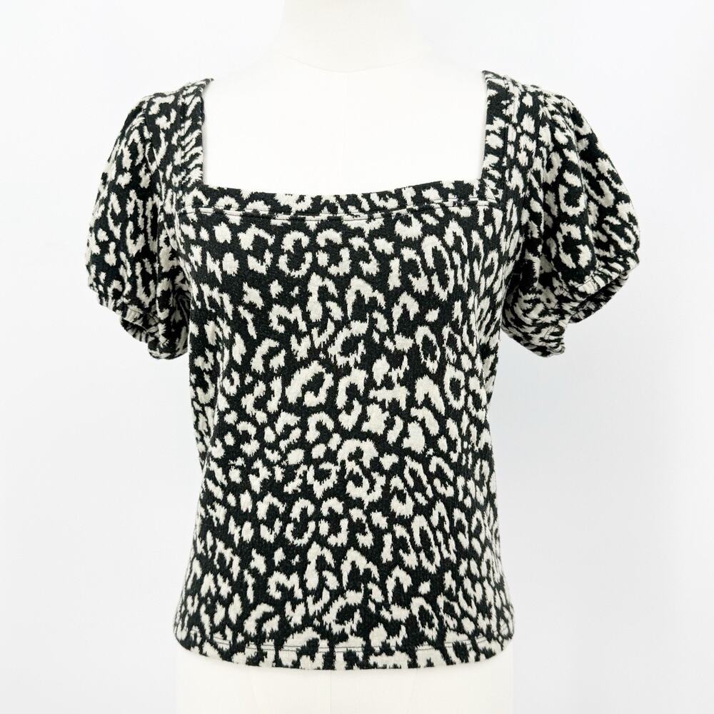 Free People No Type Top S Animal Print Square Neck Puff Short Sleeve Edgy Boho - Picture 3 of 8